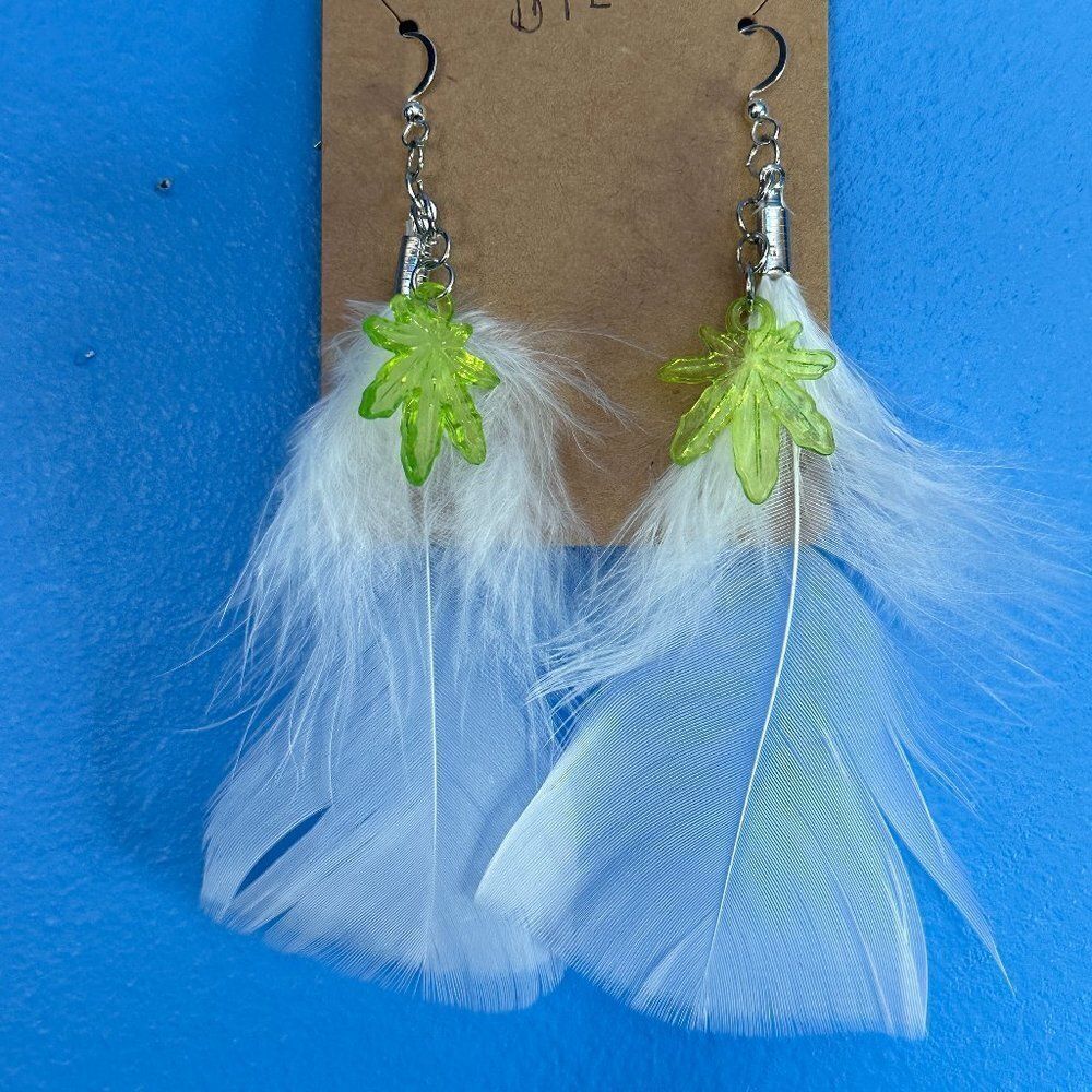 Handcrafted White Feather Earrings w/ Green Leaf Detail Bohemian Style